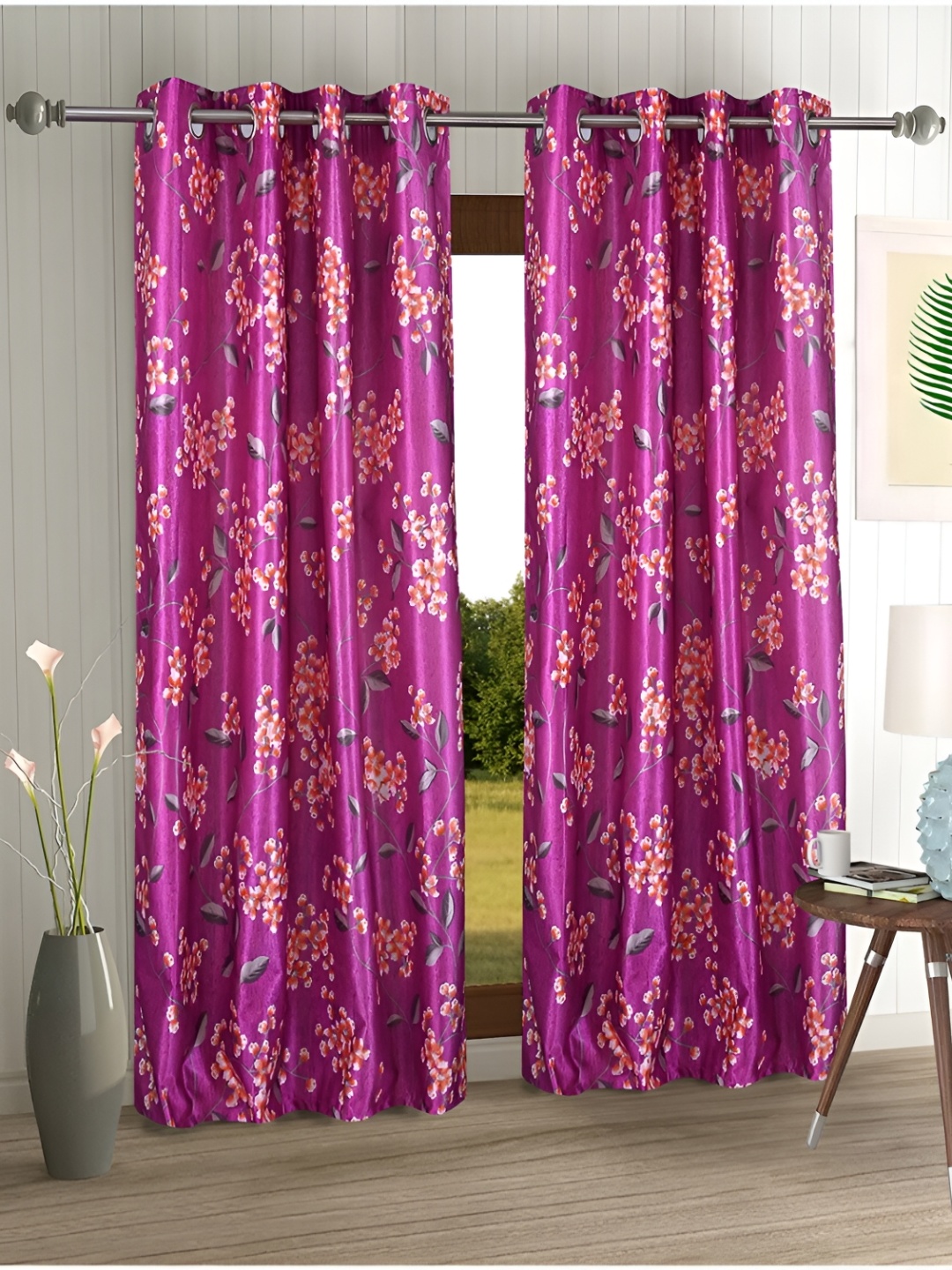 

Aura Purple & Orange 2 Pieces Floral Printed Eyelet Long Door Curtain