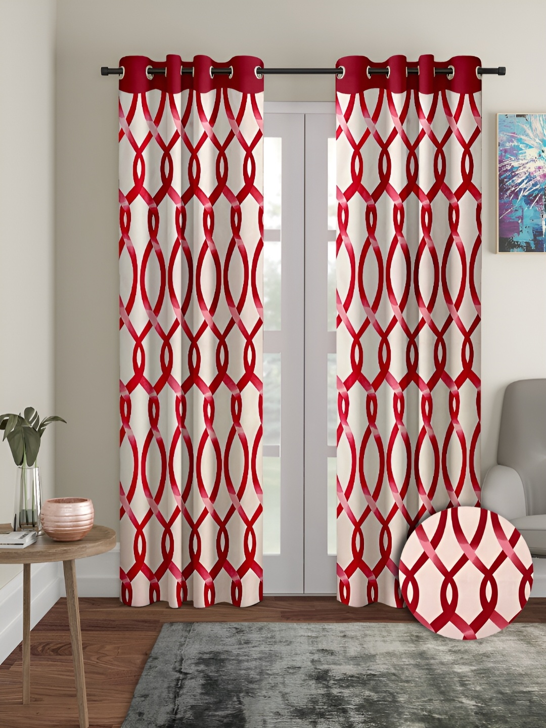 

Aura Red & White 2 Pieces Geometric Regular Door Curtains