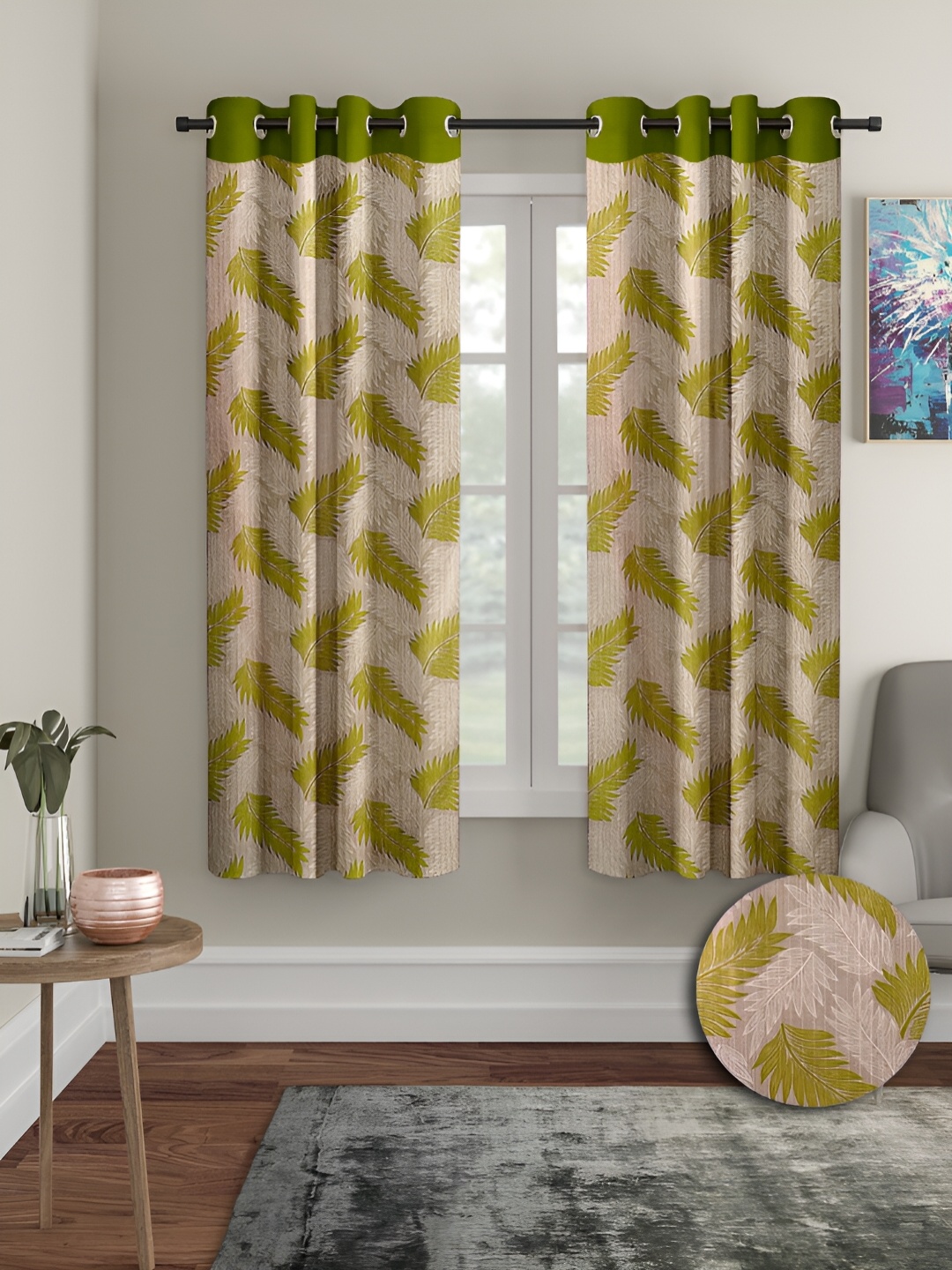 

Aura Green & Beige 2 Pieces Floral Regular Window Curtains