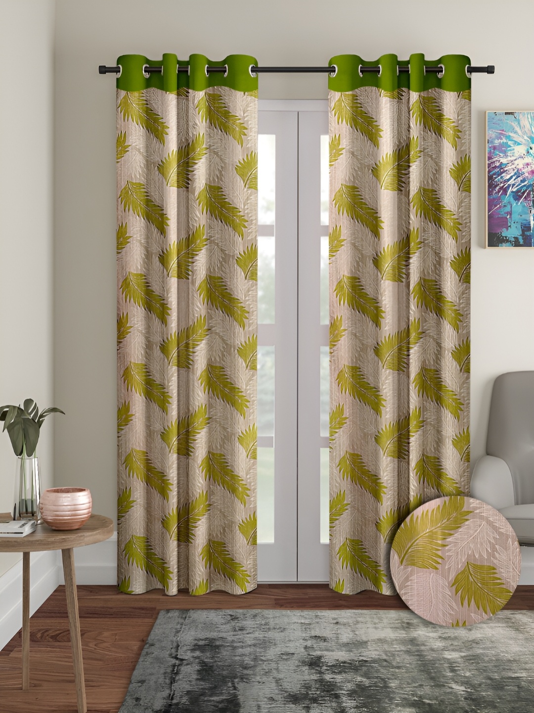 

Aura Green & Beige 2 Pieces Floral Regular Door Curtains