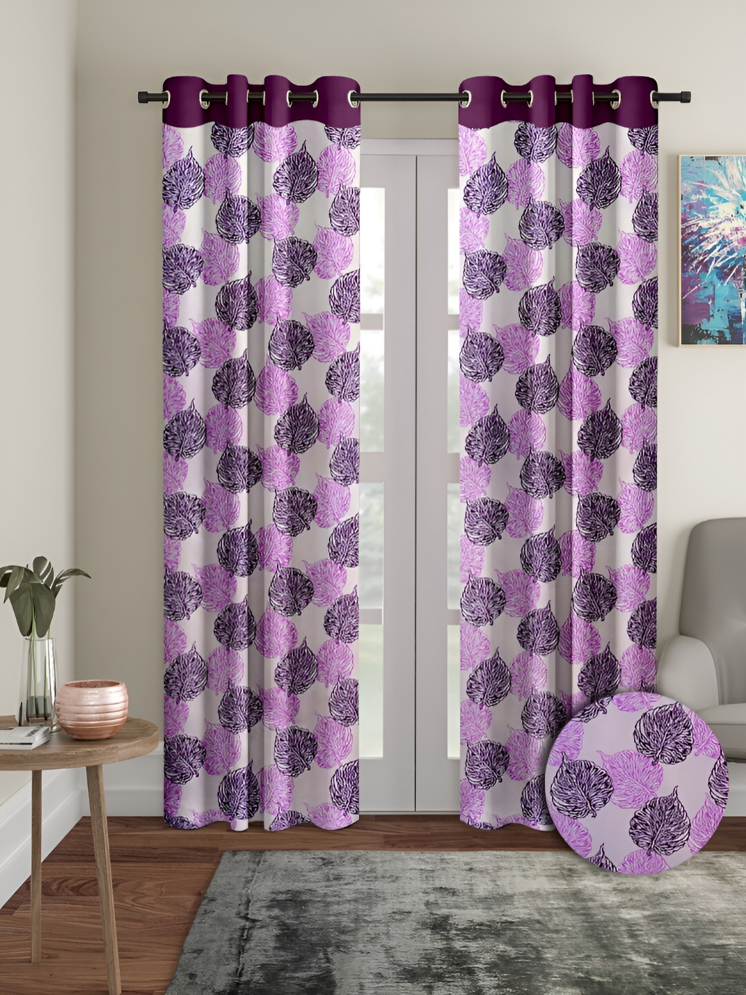 

Aura Purple 2 Pieces Floral Printed Eyelet Door Curtains