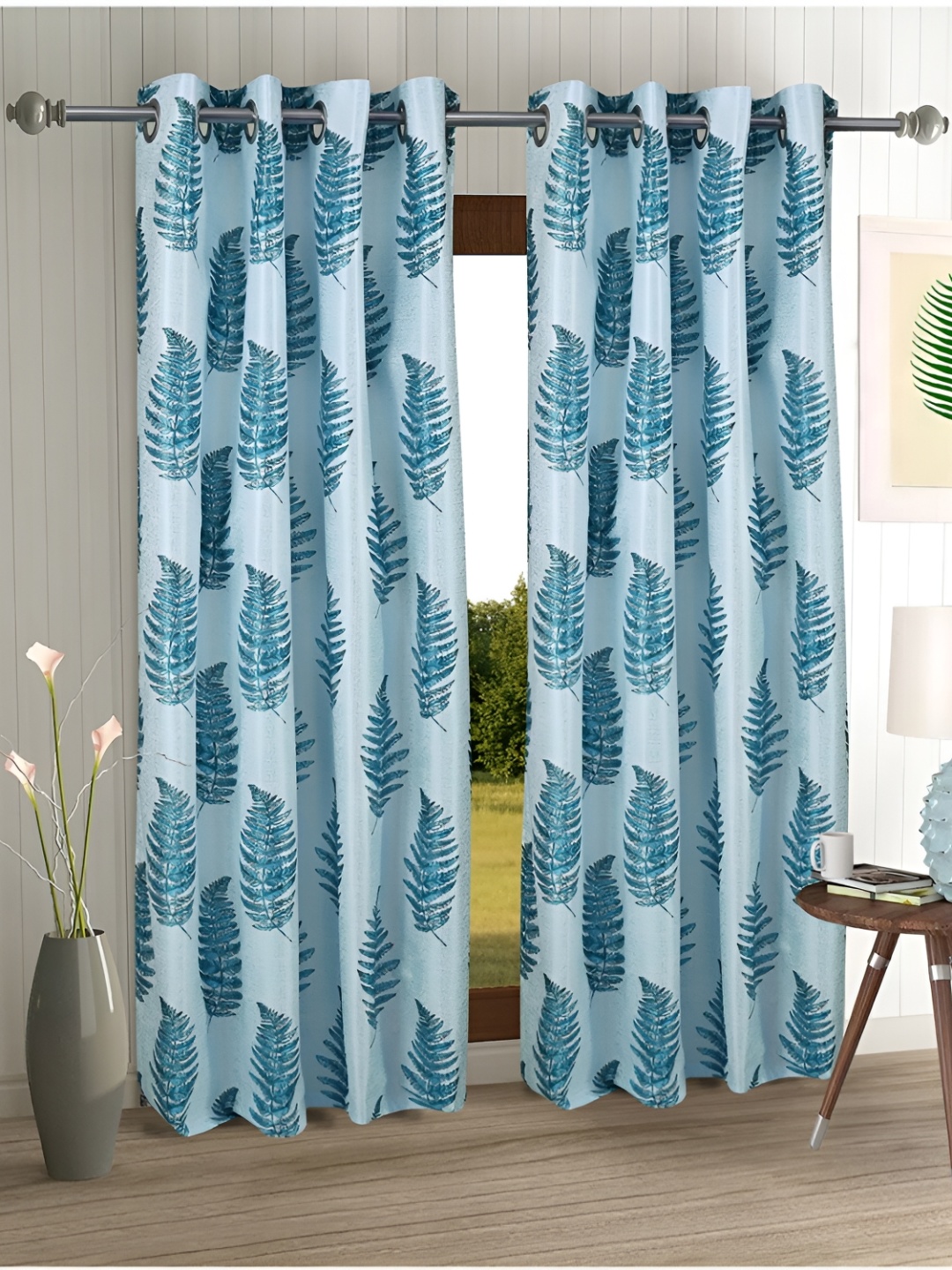 

Aura Blue 2 Pieces Floral Printed Eyelet Door Curtains