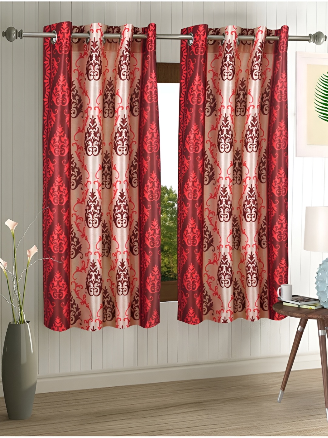 

Aura Red & Beige 2 Pieces Ethnic Motifs Regular Window Curtains