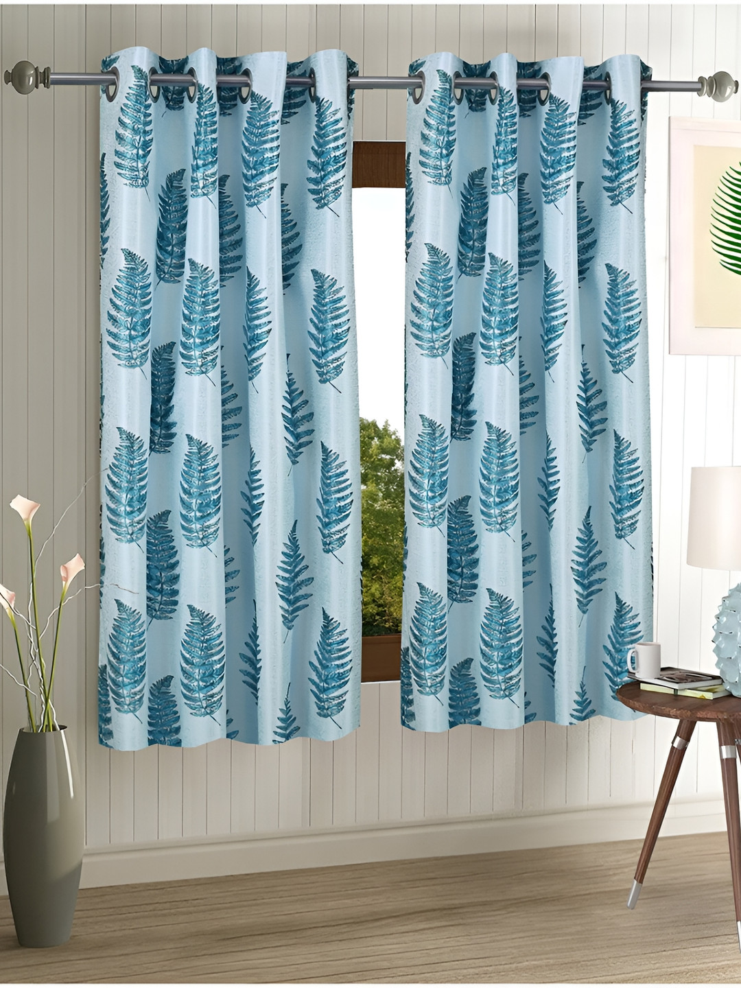 

Aura Blue 2 Pieces Floral Printed Eyelet Window Curtain