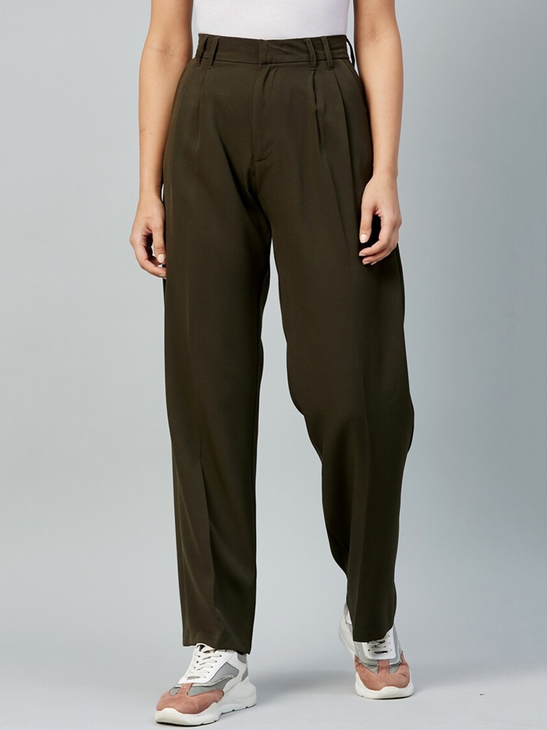 

DELAN Women Relaxed Loose Fit High-Rise Easy Wash Parallel Trousers, Olive