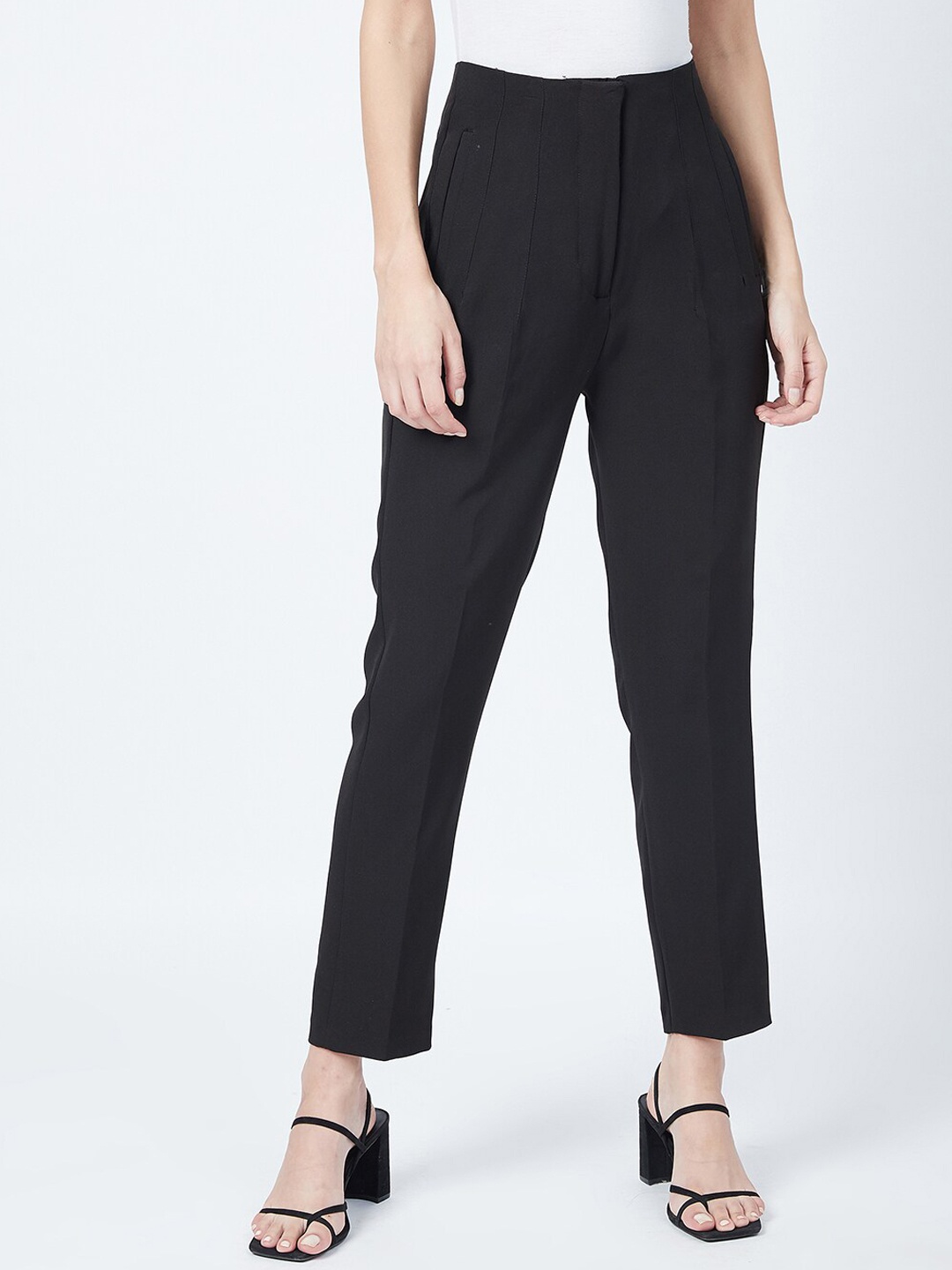 

DELAN Women Relaxed Slim Fit High-Rise Easy Wash Trousers, Black