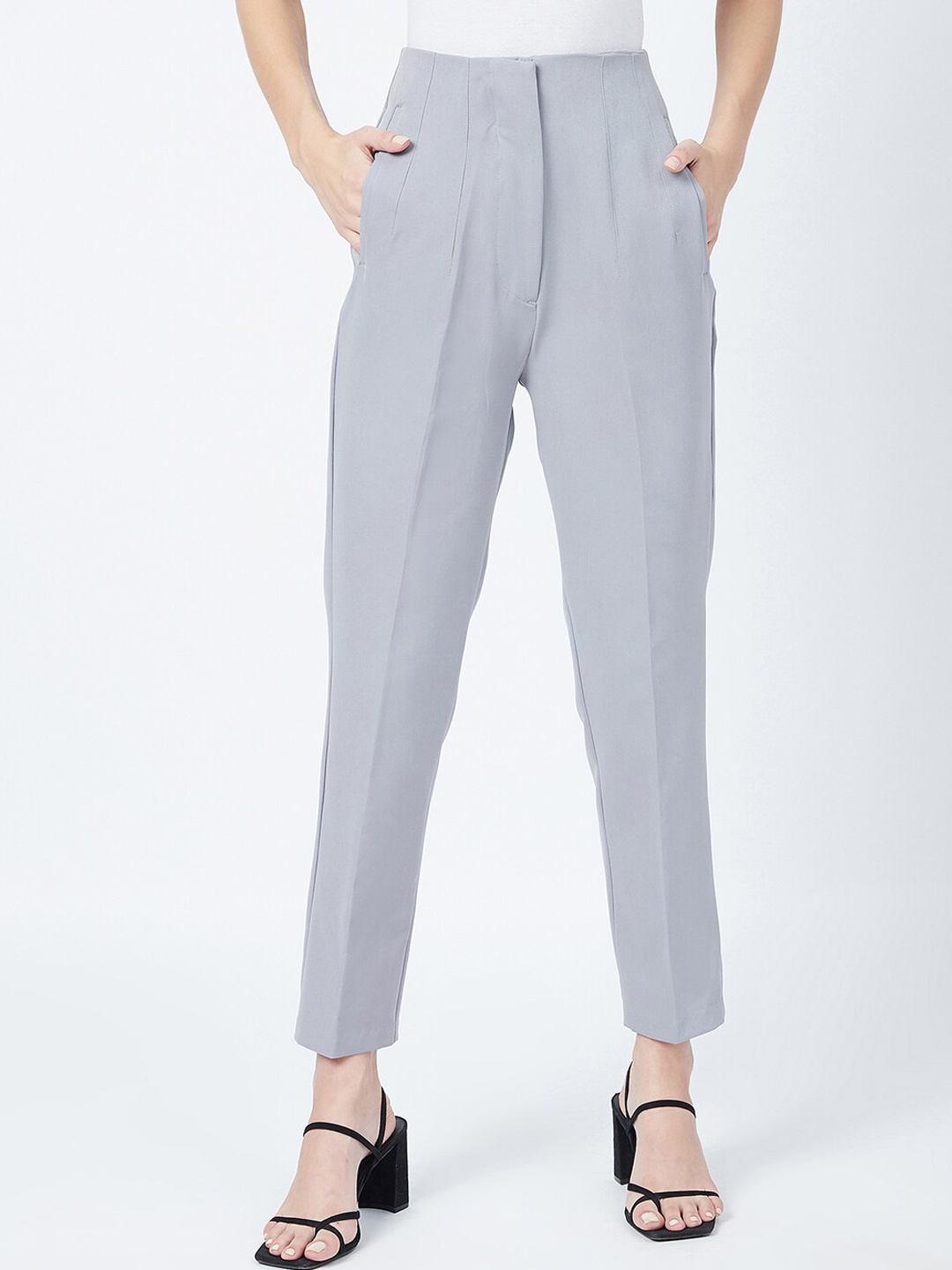 

DELAN Women Relaxed Slim Fit High-Rise Easy Wash Trousers, Grey