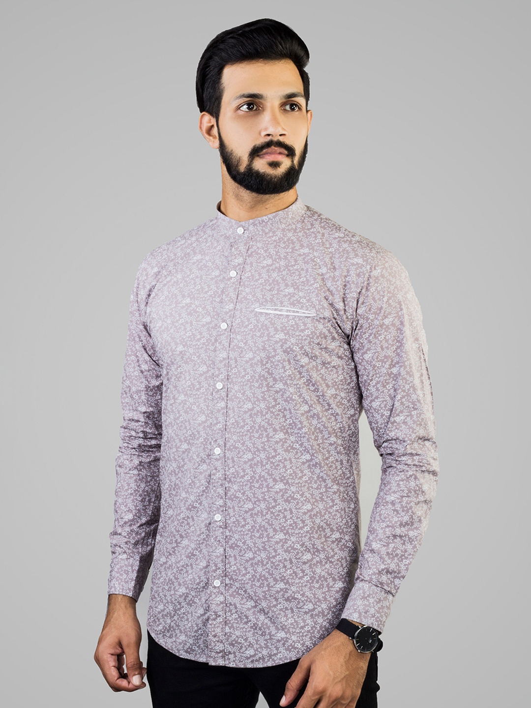 

INDIAN THREADS India Slim Fit Micro Ditsy Printed Band Collar Cotton Casual Shirt, Grey