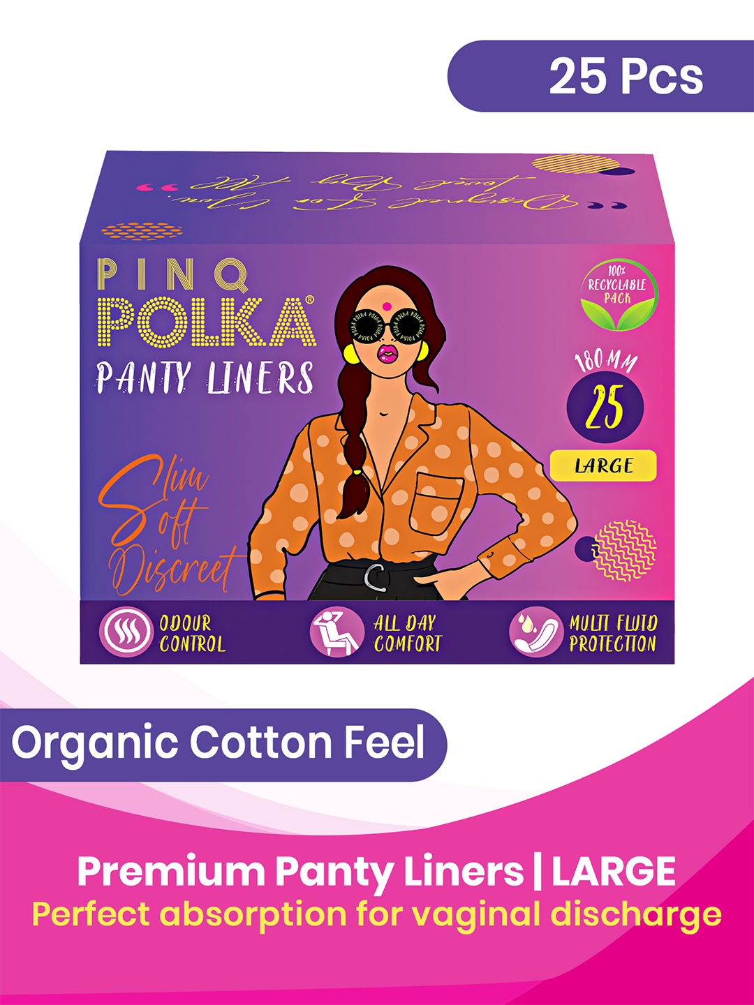 

PINQ POLKA Premium Organic Ultra Thin Large Pantyliners - 25 Pcs, Pink