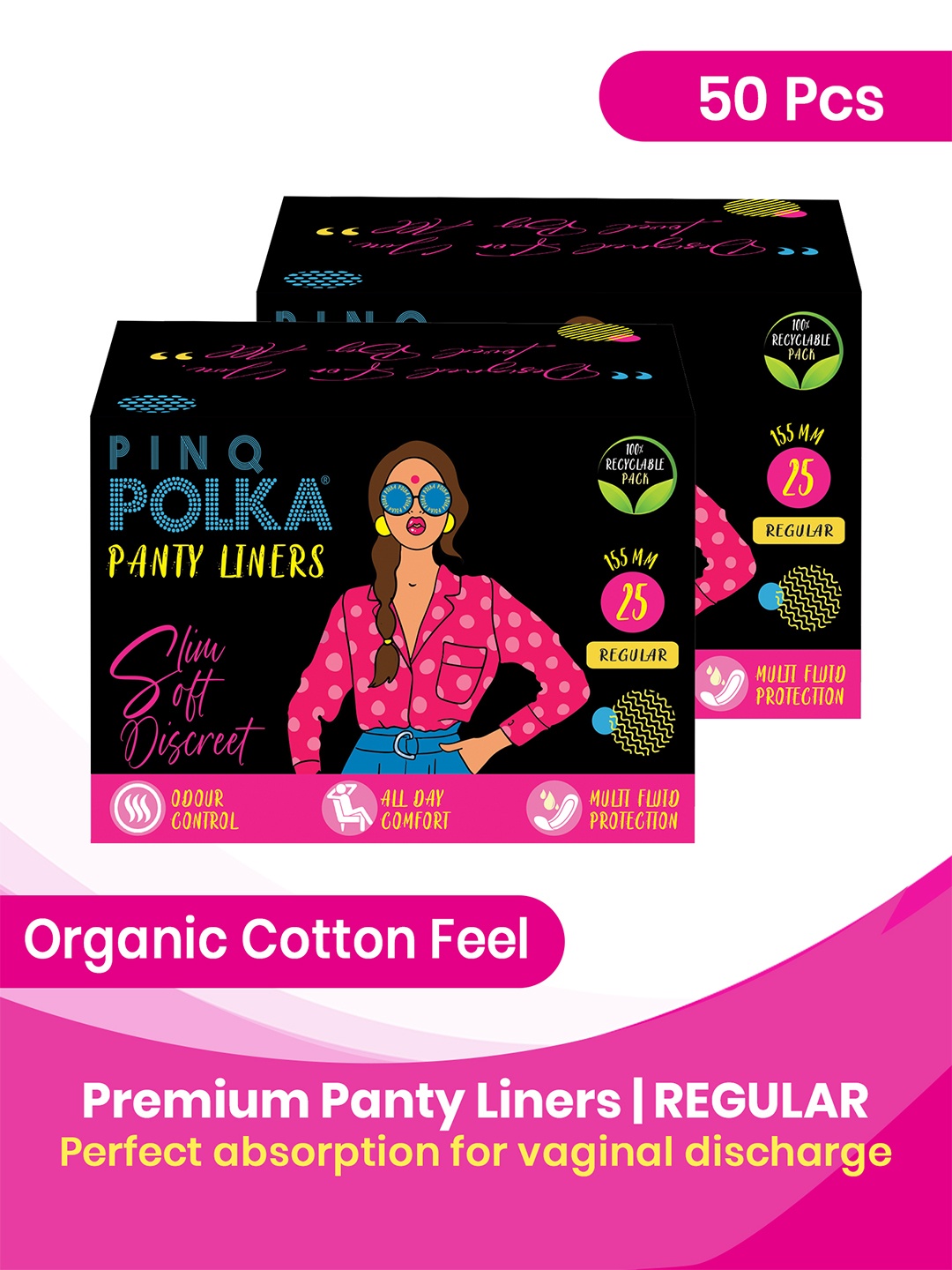 

PINQ POLKA Set of 2 Premium Organic Ultra Thin Regular Pantyliners - 25 Pcs Each, White