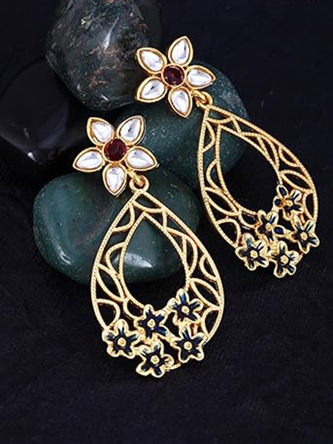 

Vighnaharta Gold-Plated Stones Studded Floral Drop Earrings