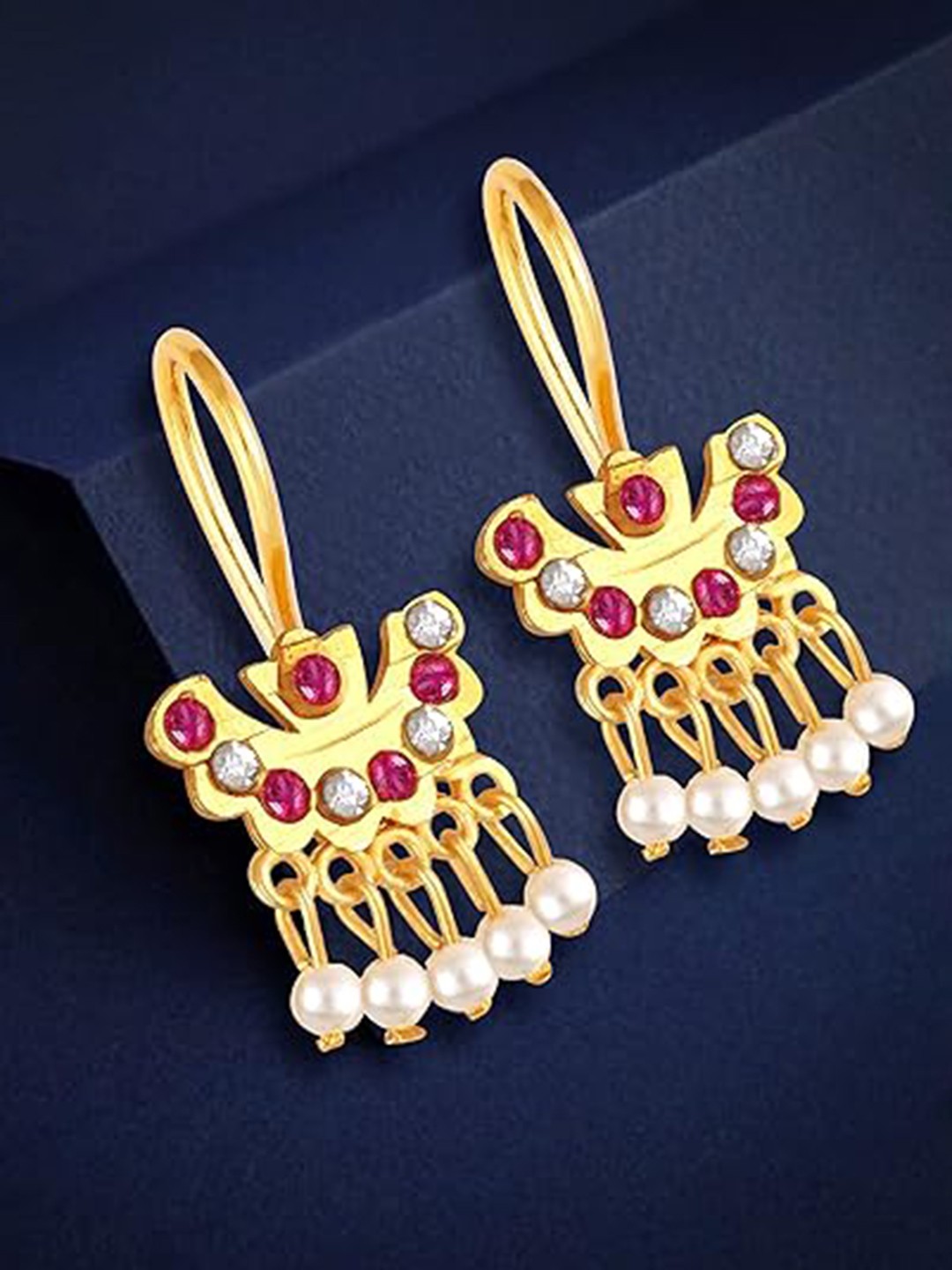 

Vighnaharta Gold-Plated Cubic Zirconia-Stidded & Beaded Drop Earrings