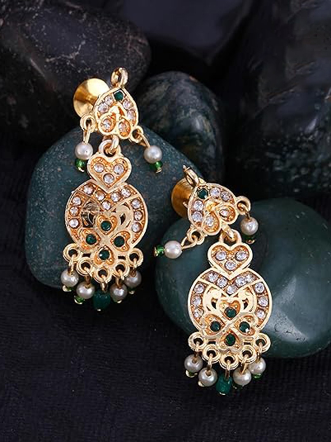 

Vighnaharta Gold-Plated Stone Studded And Beaded Contemporary Drop Earrings