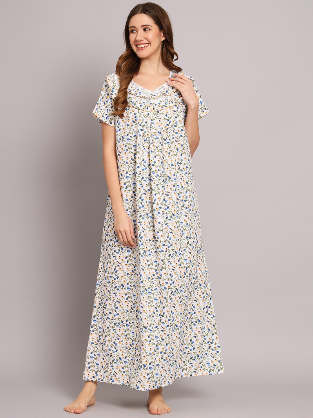 

SEPHANI Floral Printed Pure Cotton Maxi Nightdress, White