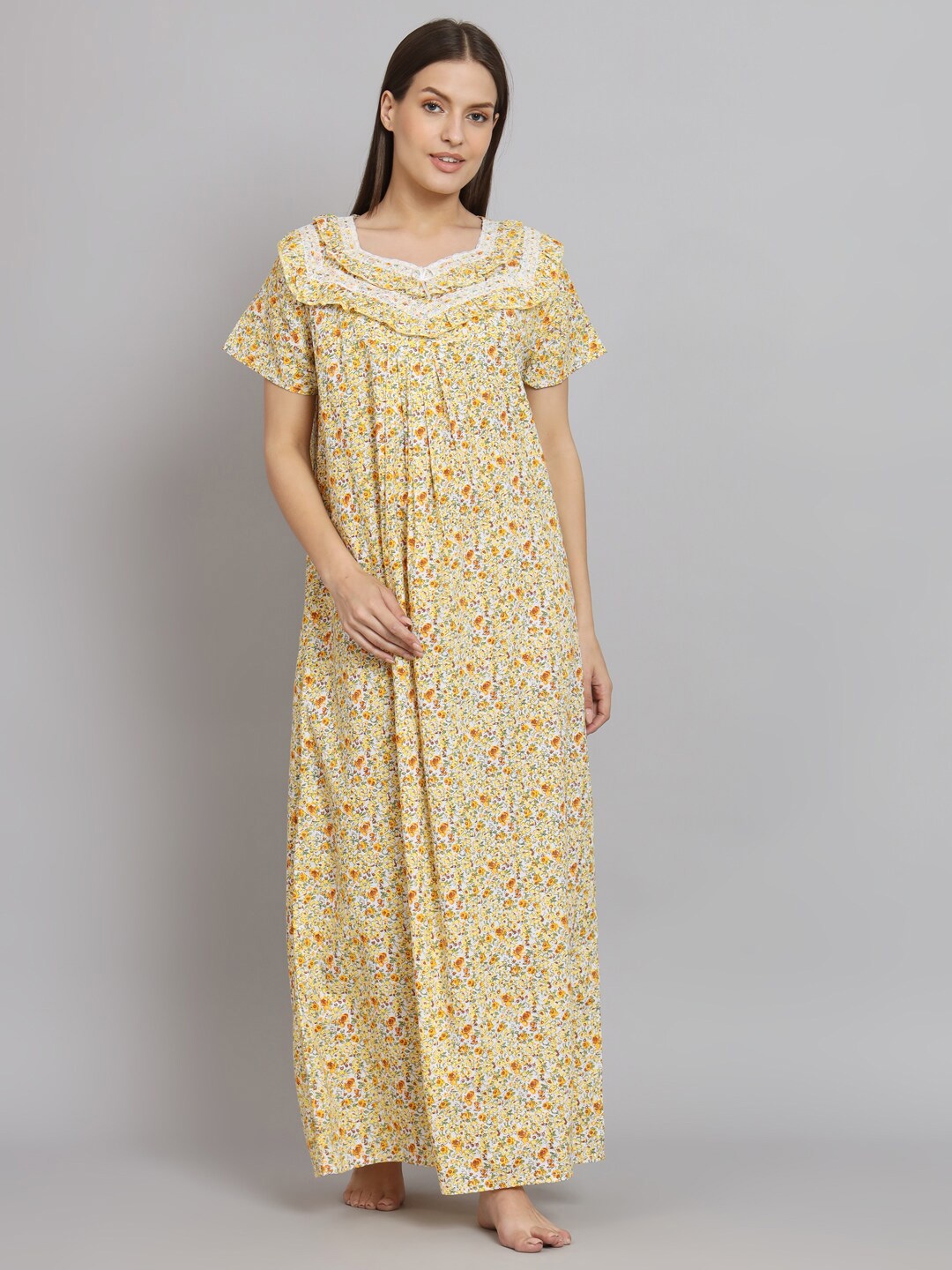

SEPHANI Floral Printed Pure Cotton Maxi Nightdress, Yellow