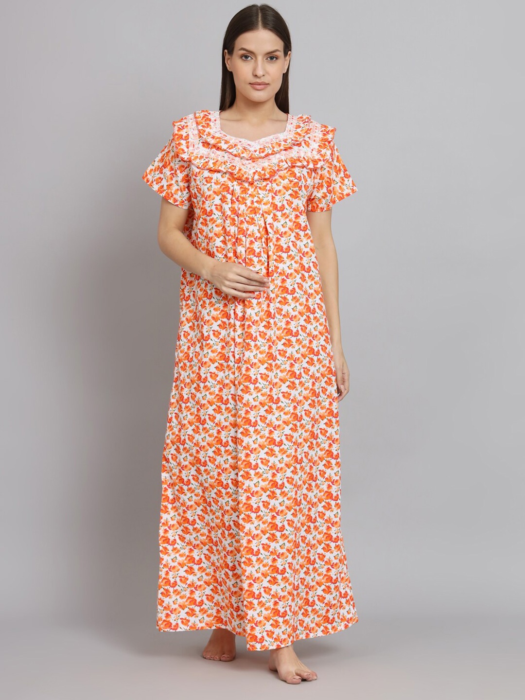 

SEPHANI Floral Printed Pure Cotton Maxi Nightdress, Orange