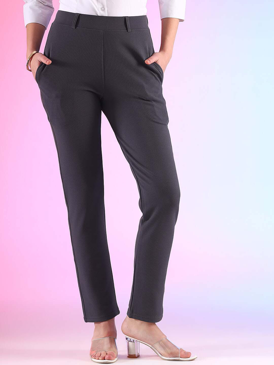 

FITHUB Women Slim Fit High-Rise Formal Trousers, Grey