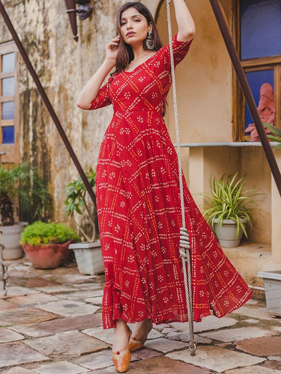 

Chandbaali Bandhani Printed V-Neck Ethnic Maxi Dress, Red