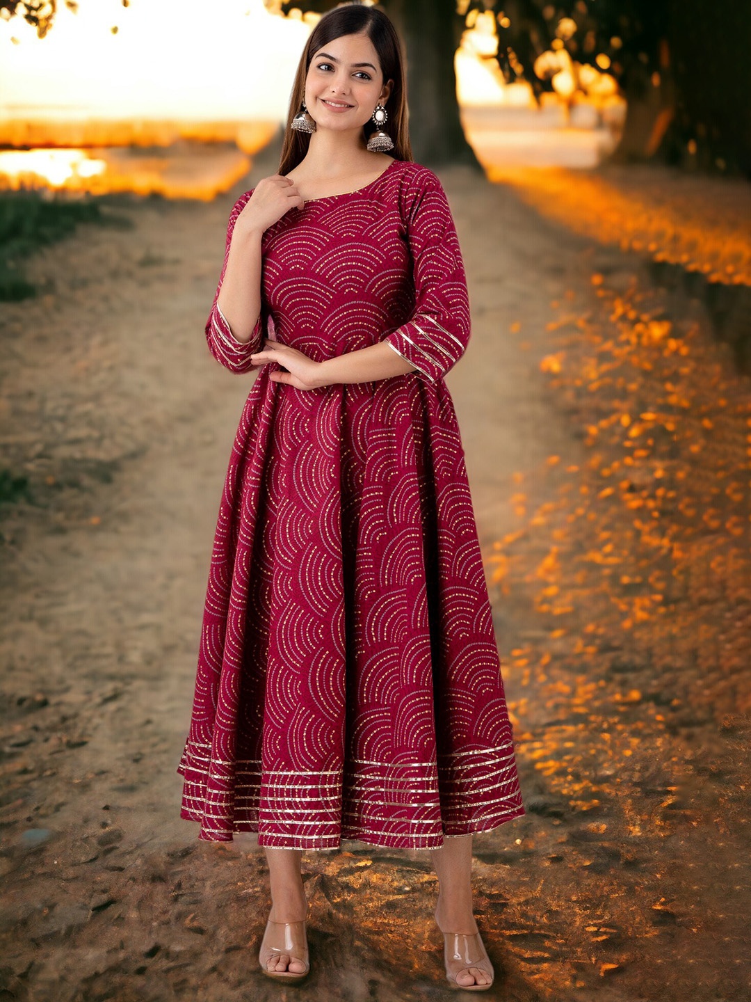 

Chandbaali Printed Pure Cotton Midi Fit and Flare Ethnic Dress, Maroon