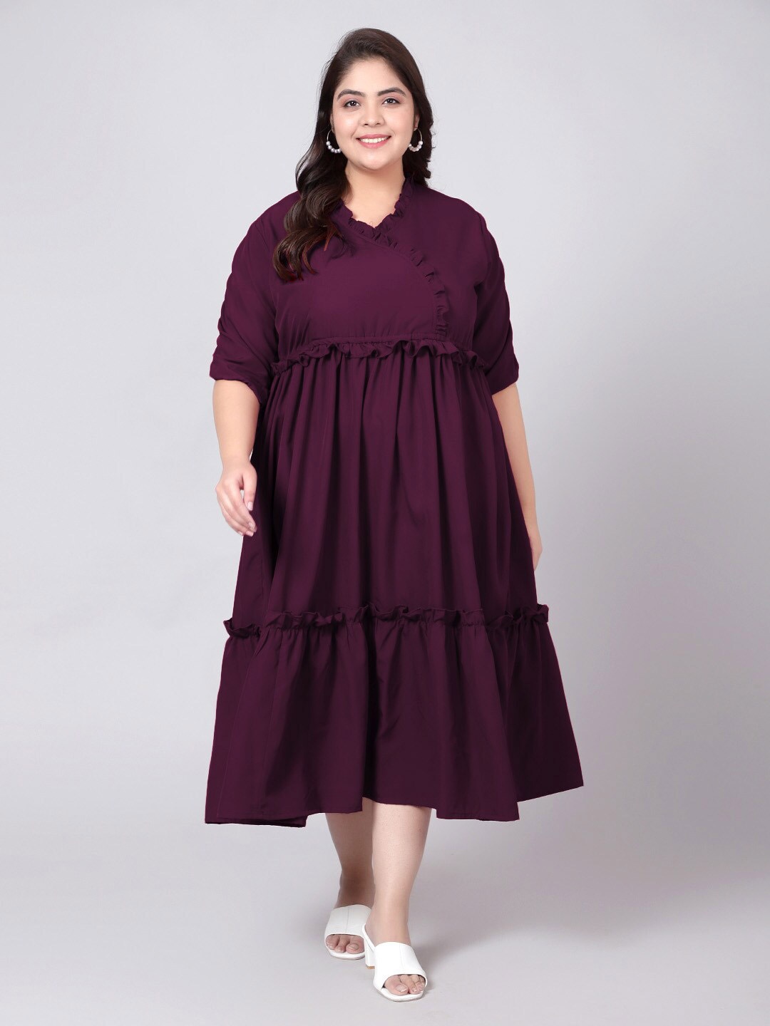 

Indietoga Plus Size V-Neck Ruffled Fit & Flare Dress, Purple