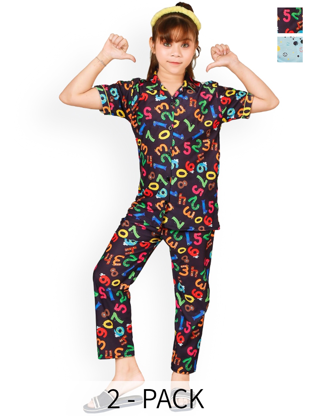 

BAESD Girls Pack Of 2 Conversational Printed Night suit, Blue