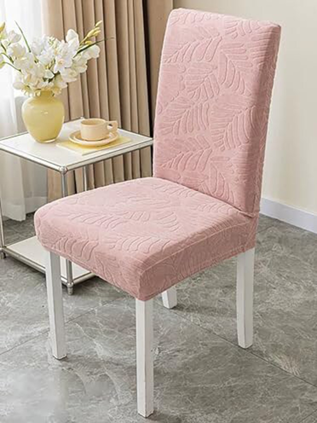 

HOUSE OF QUIRK Pink 4 Pieces Self Design Jacquard Stretchable Chair Covers