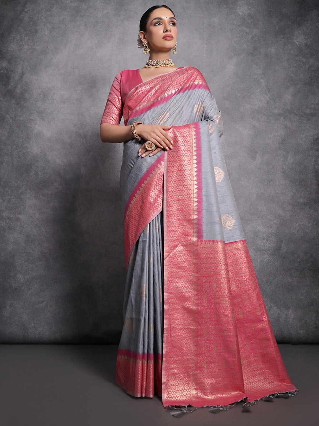 

KARAGIRI Ethnic Motifs Woven Design Zari Tussar Saree, Grey