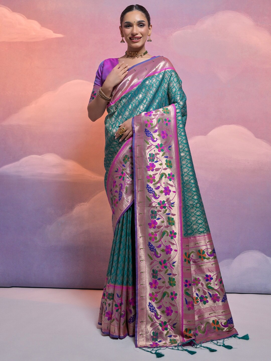 

KARAGIRI Woven Design Zari Paithani Saree, Teal