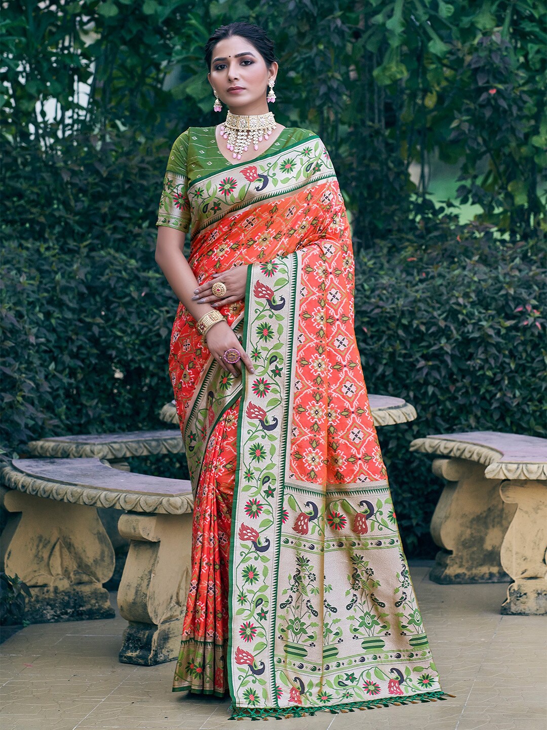 

KARAGIRI Floral Printed Zari Patola Saree, Orange