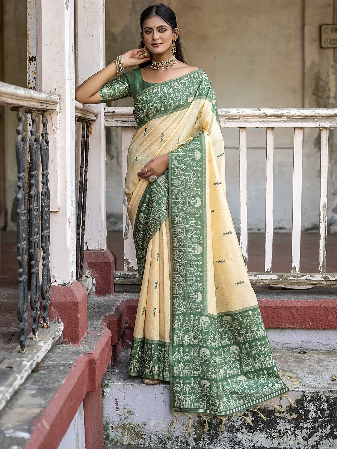 

KARAGIRI Warli Woven Design Saree, Green