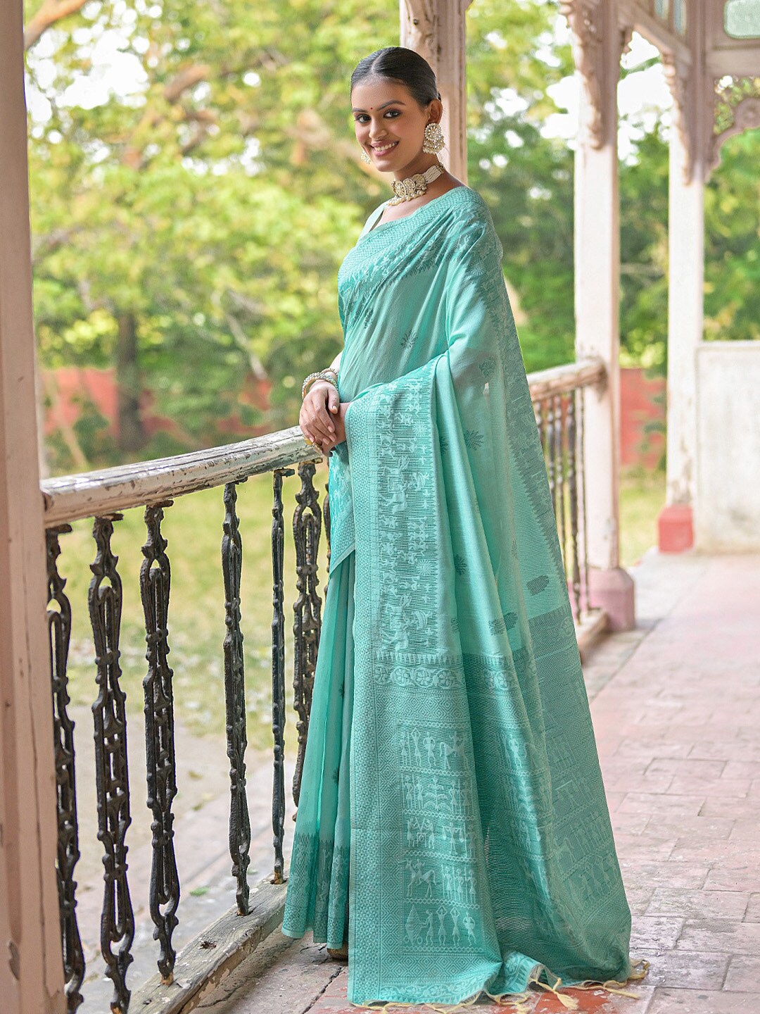 

KARAGIRI Warli Woven Design Saree, Sea green