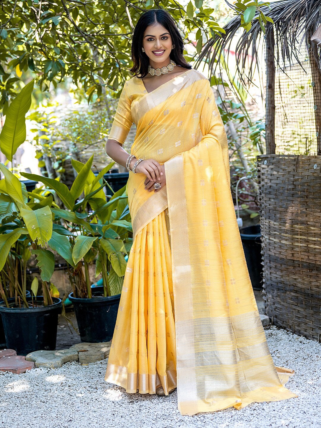 

KARAGIRI Abstract Woven Design Zari Pure Cotton Saree, Yellow