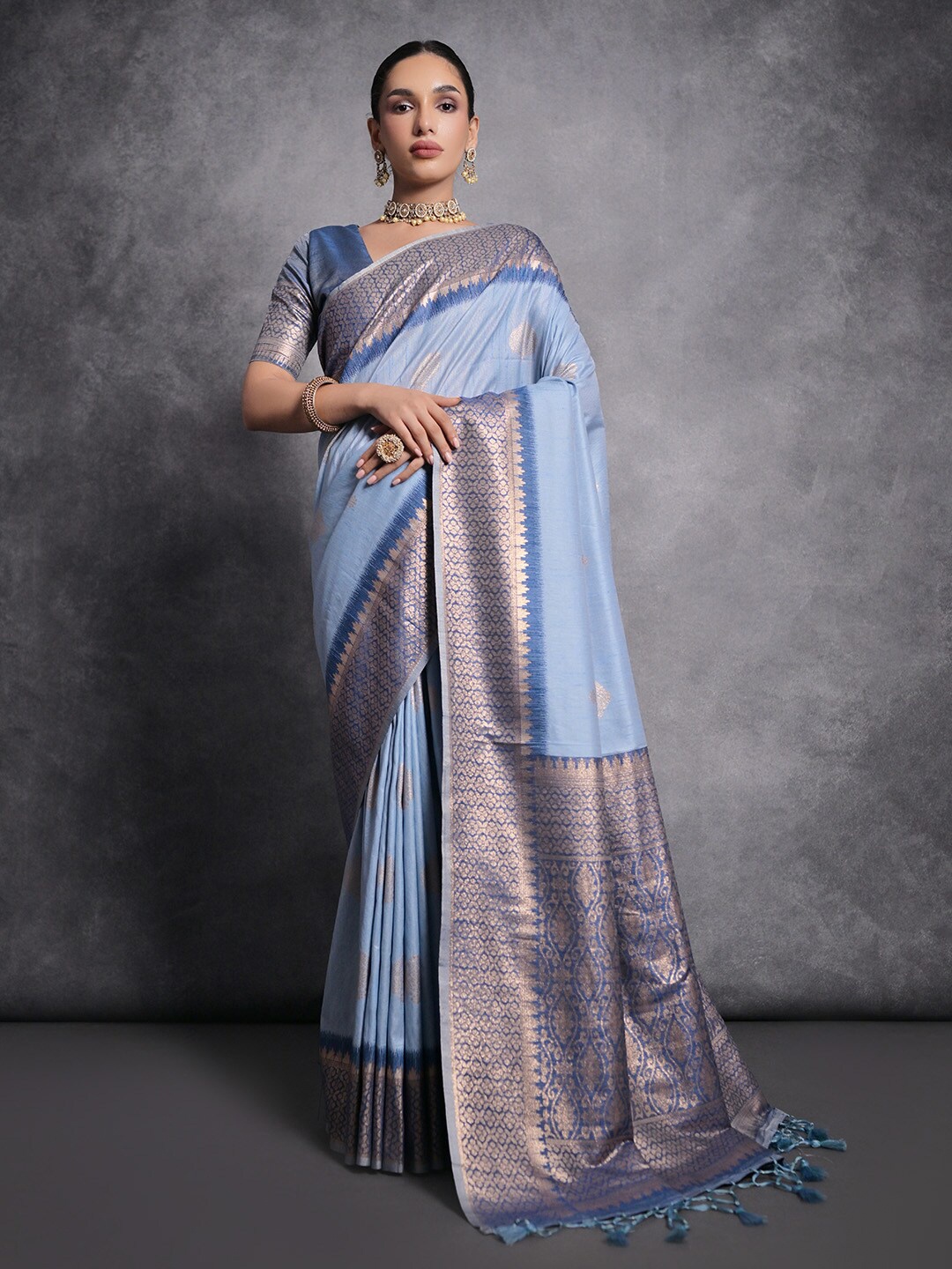 

KARAGIRI Ethnic Motifs Woven Design Zari Tussar Saree, Blue