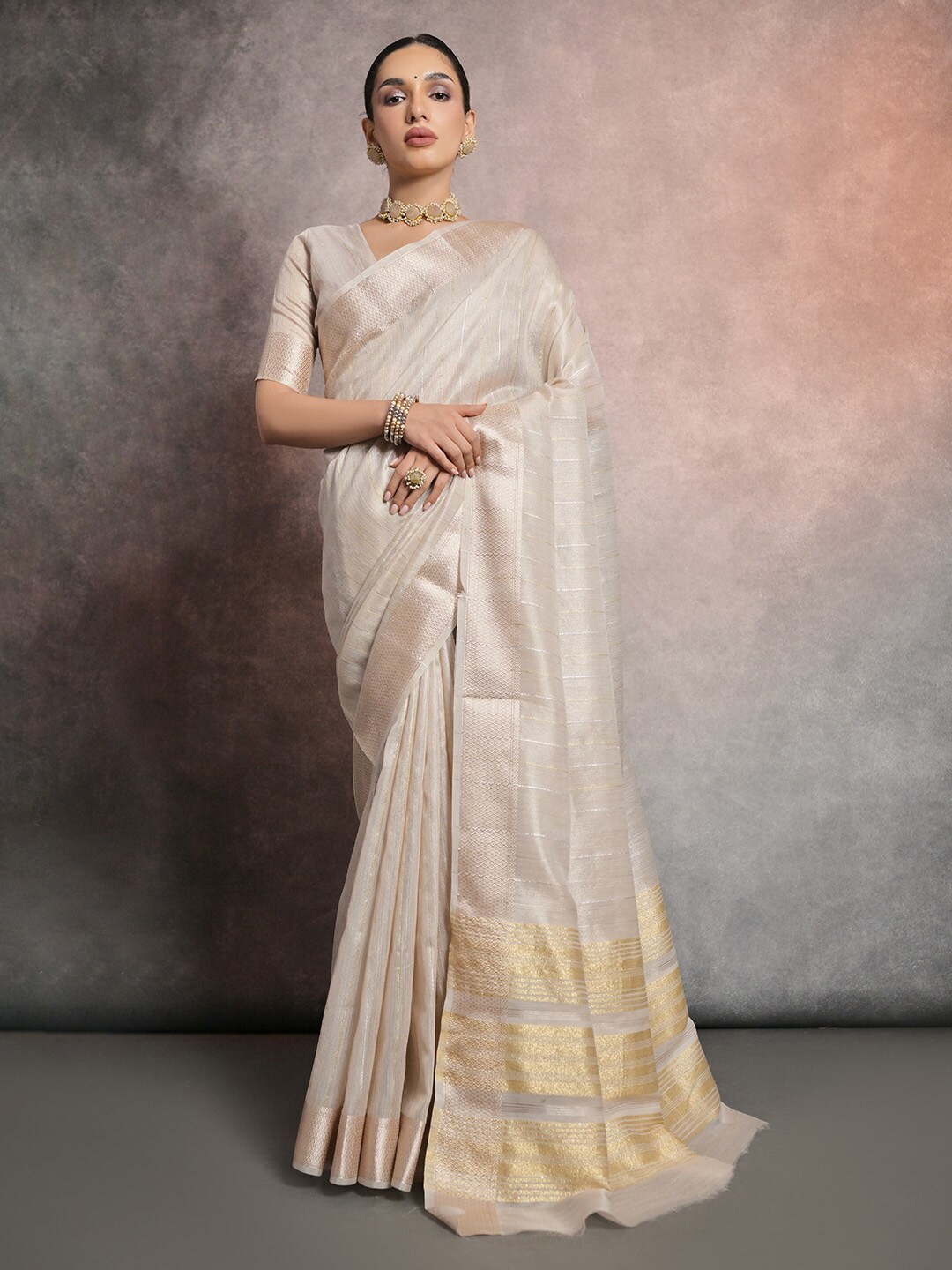 

KARAGIRI Striped Zari Tissue Saree, Cream