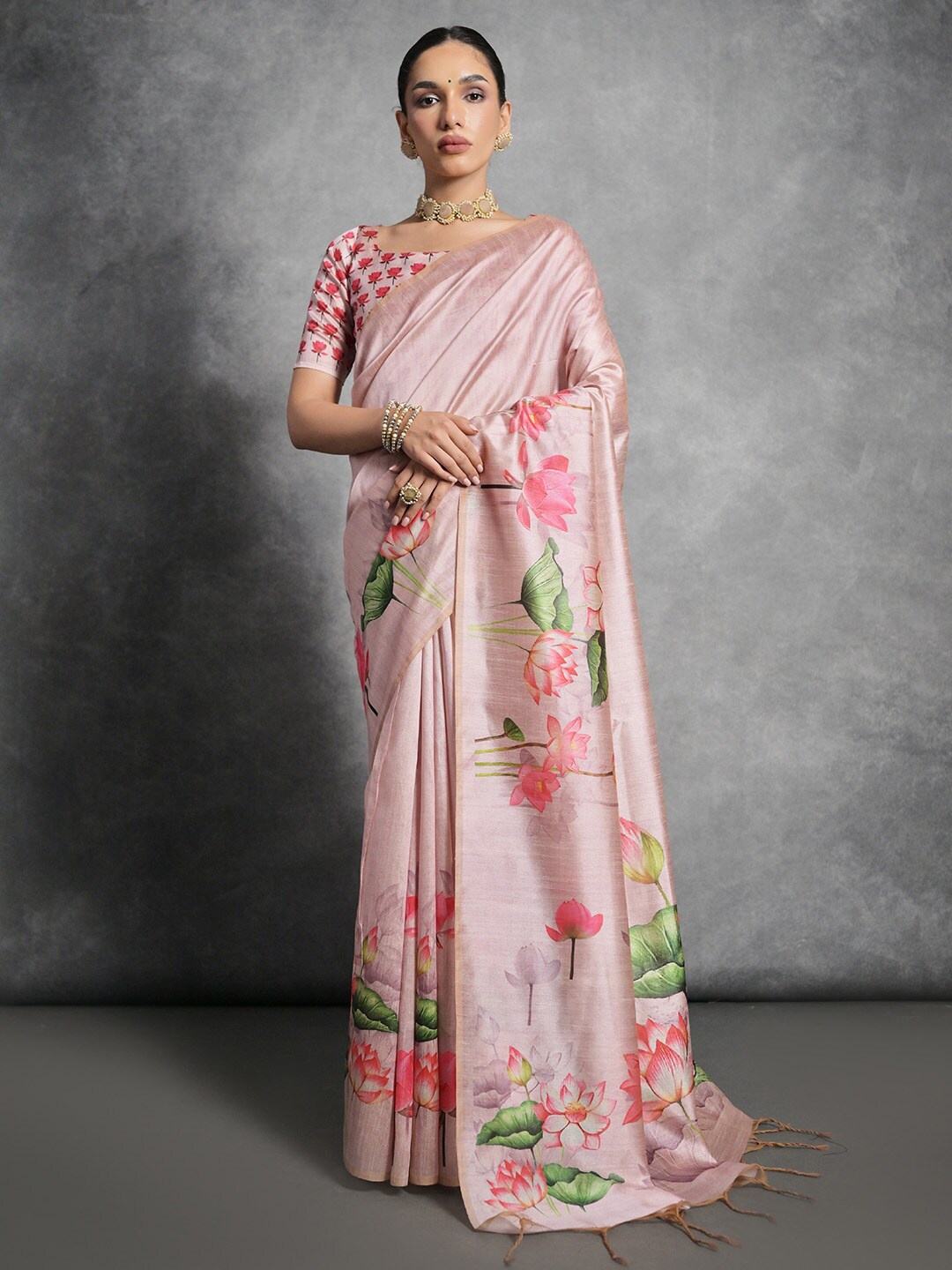 

KARAGIRI Floral Printed Tussar Saree, Pink