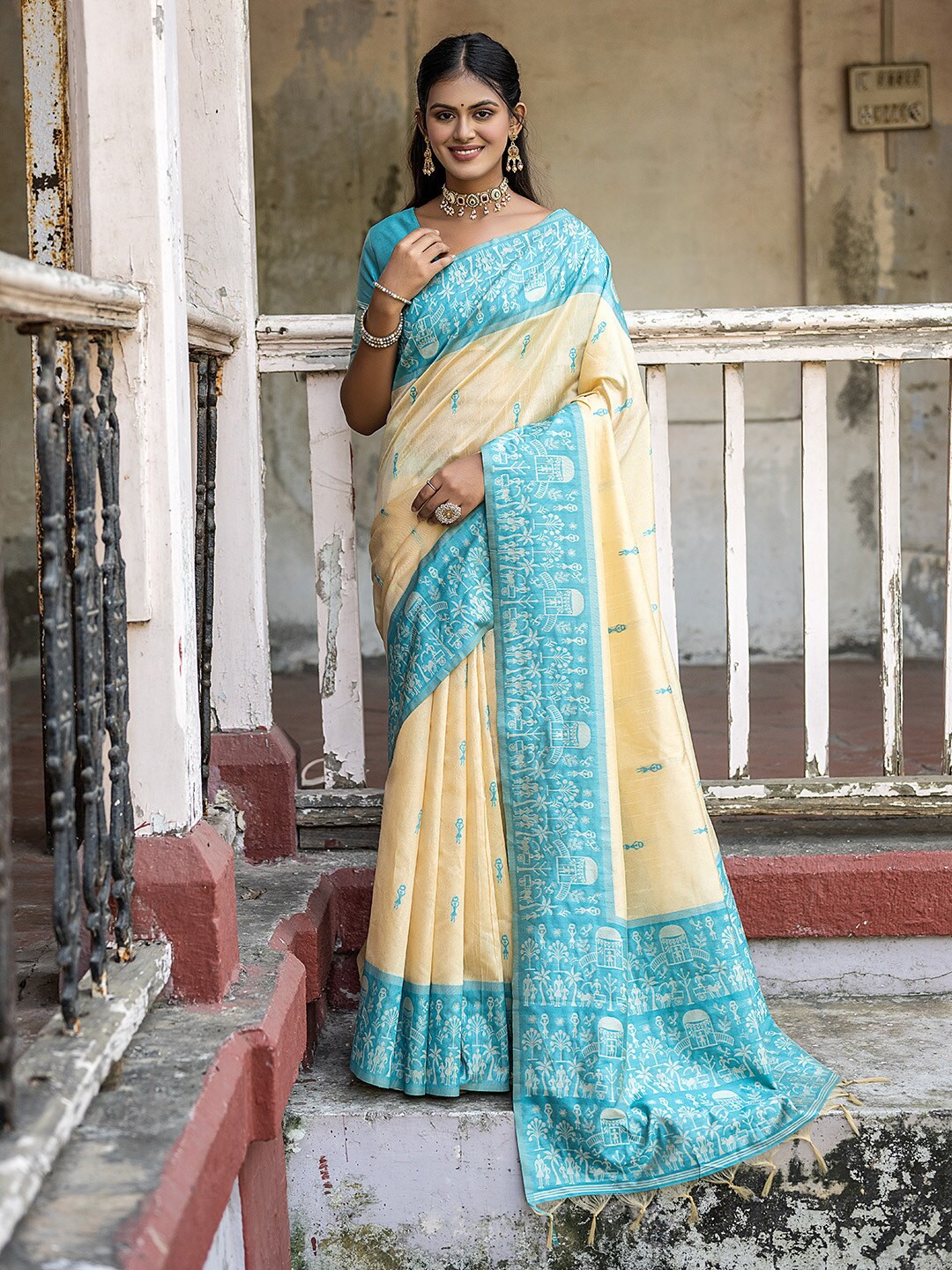 

KARAGIRI Ethnic Motifs Woven Design Saree, Teal