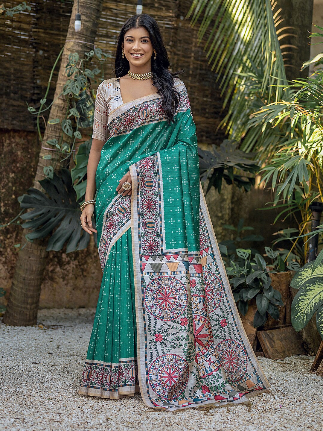 

KARAGIRI Bandhani Woven Design Tussar Saree, Teal