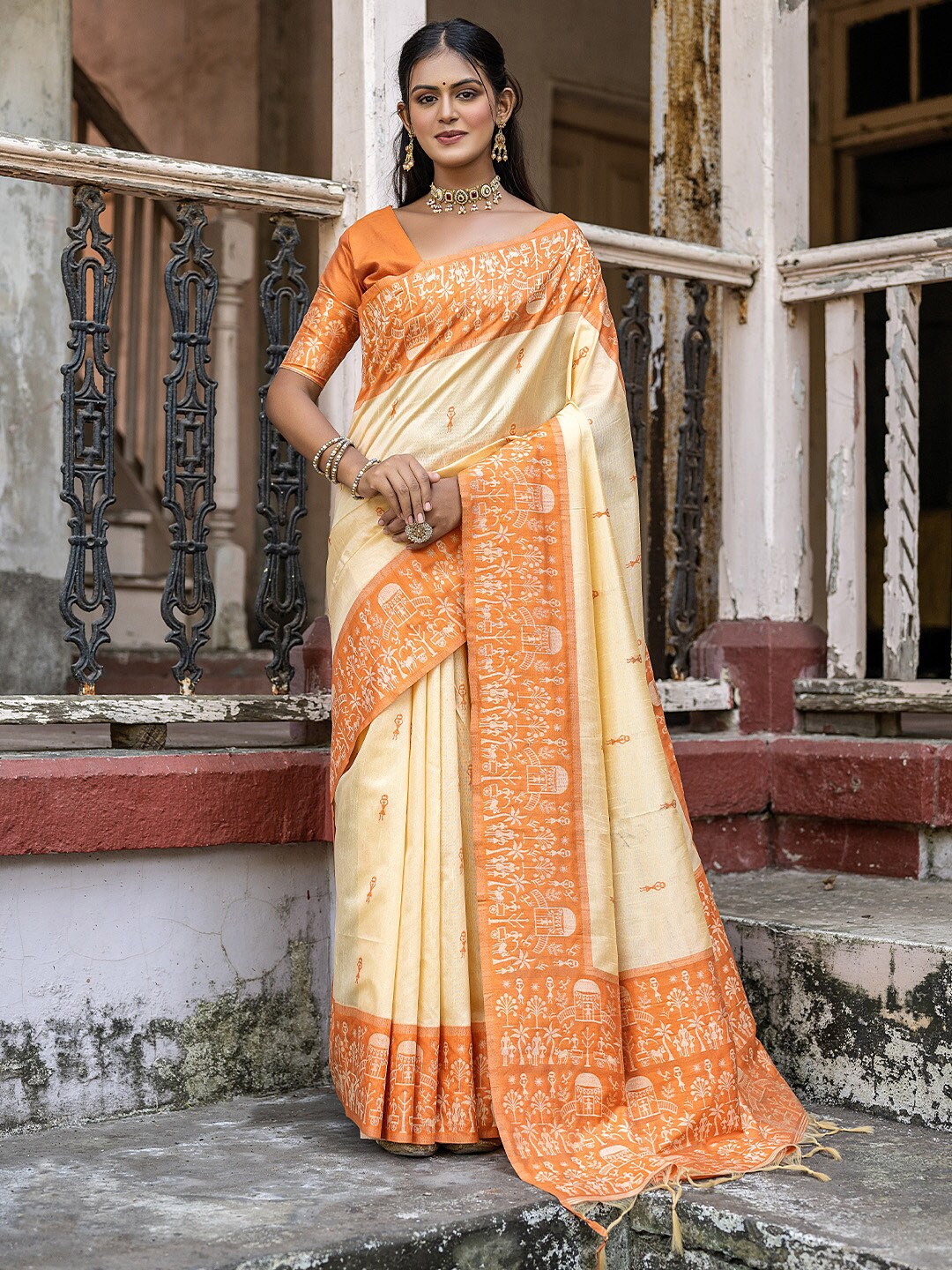 

KARAGIRI Ethnic Motifs Woven Design Zari Saree, Orange