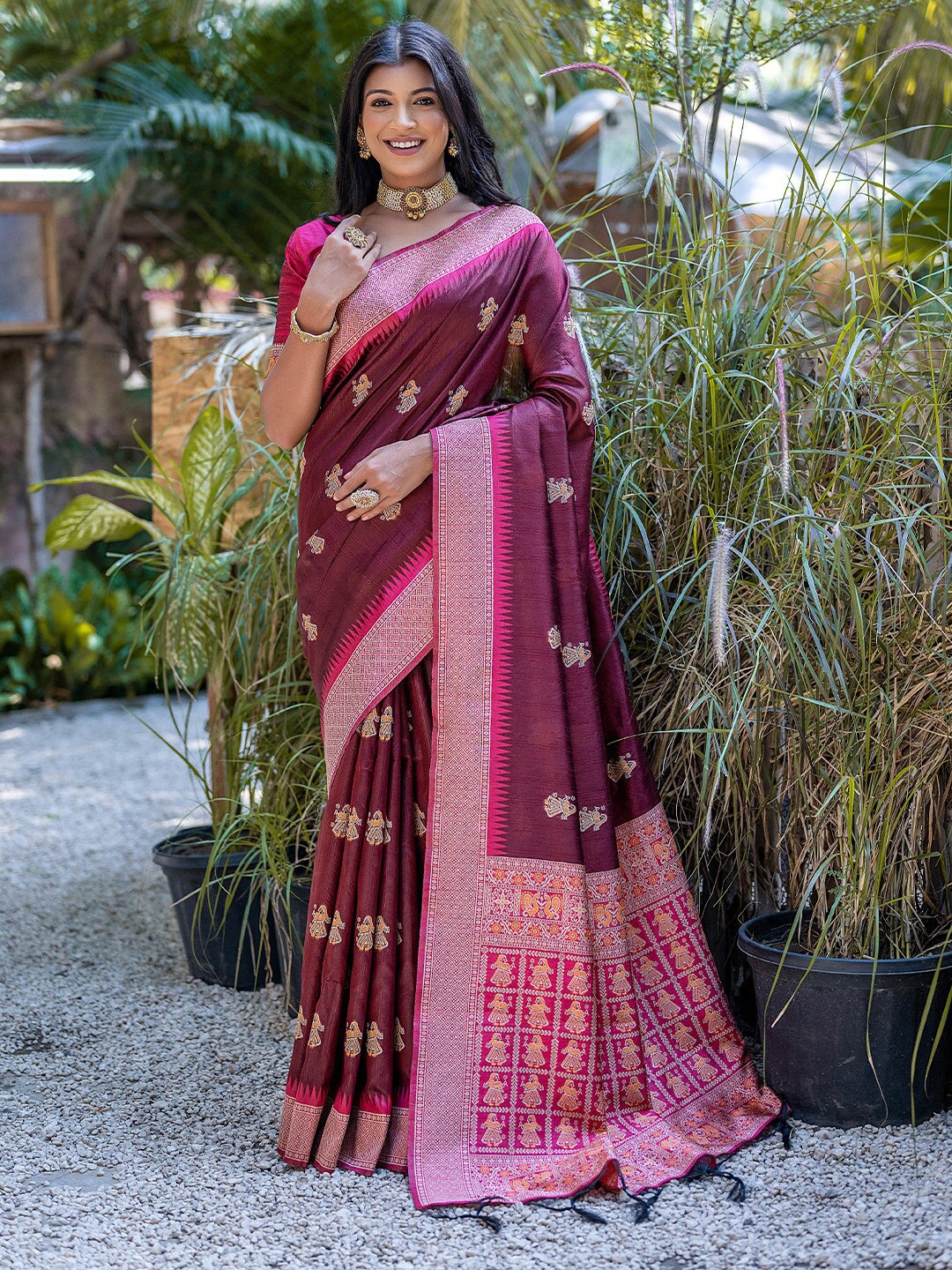 

KARAGIRI Ethnic Motif Woven Design Tussar Zari Saree, Maroon