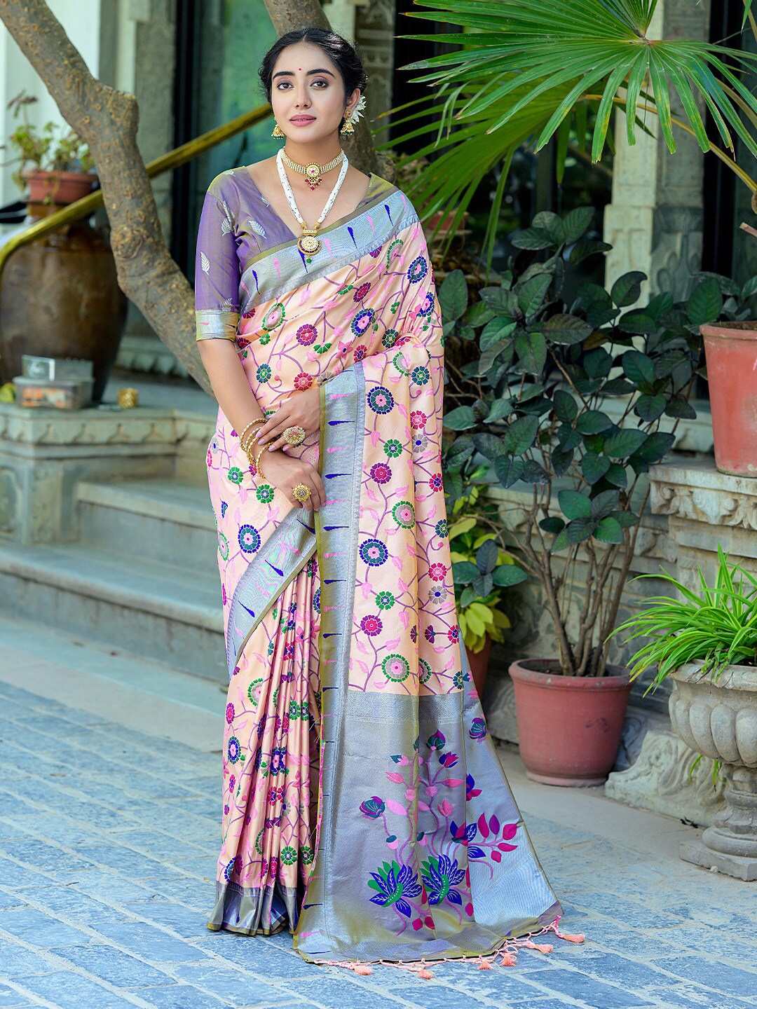 

KARAGIRI Floral Woven Design Paithani Zari Saree, Cream