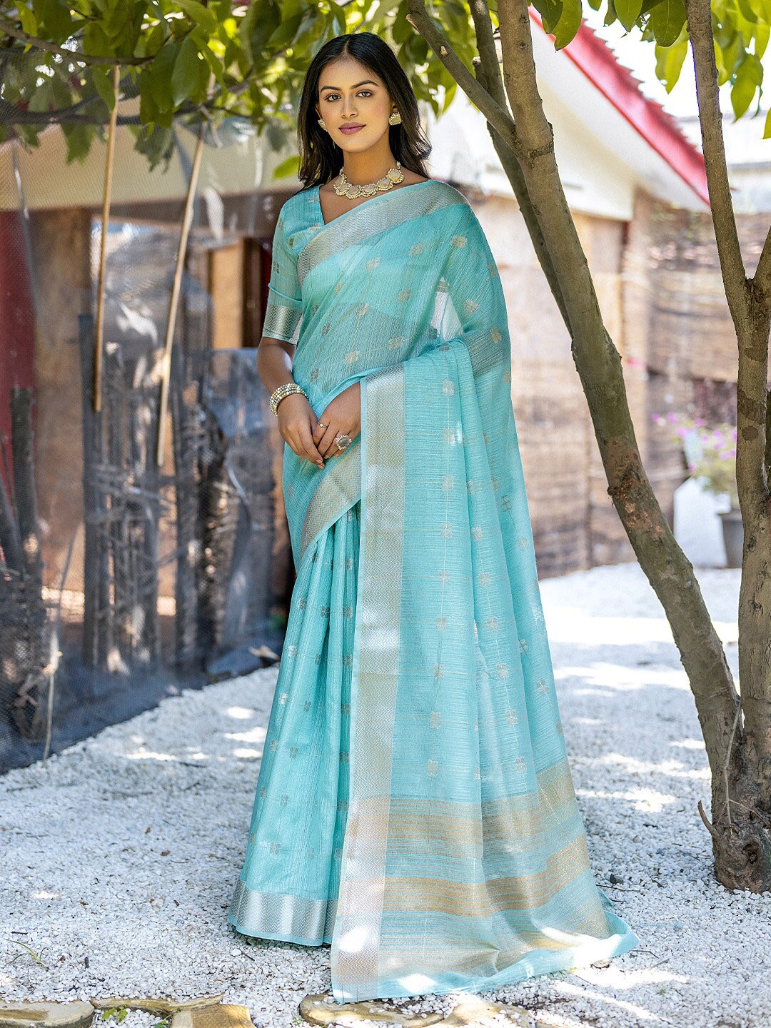 

KARAGIRI Ethnic Motifs Woven Design Zari Pure Cotton Saree, Sea green