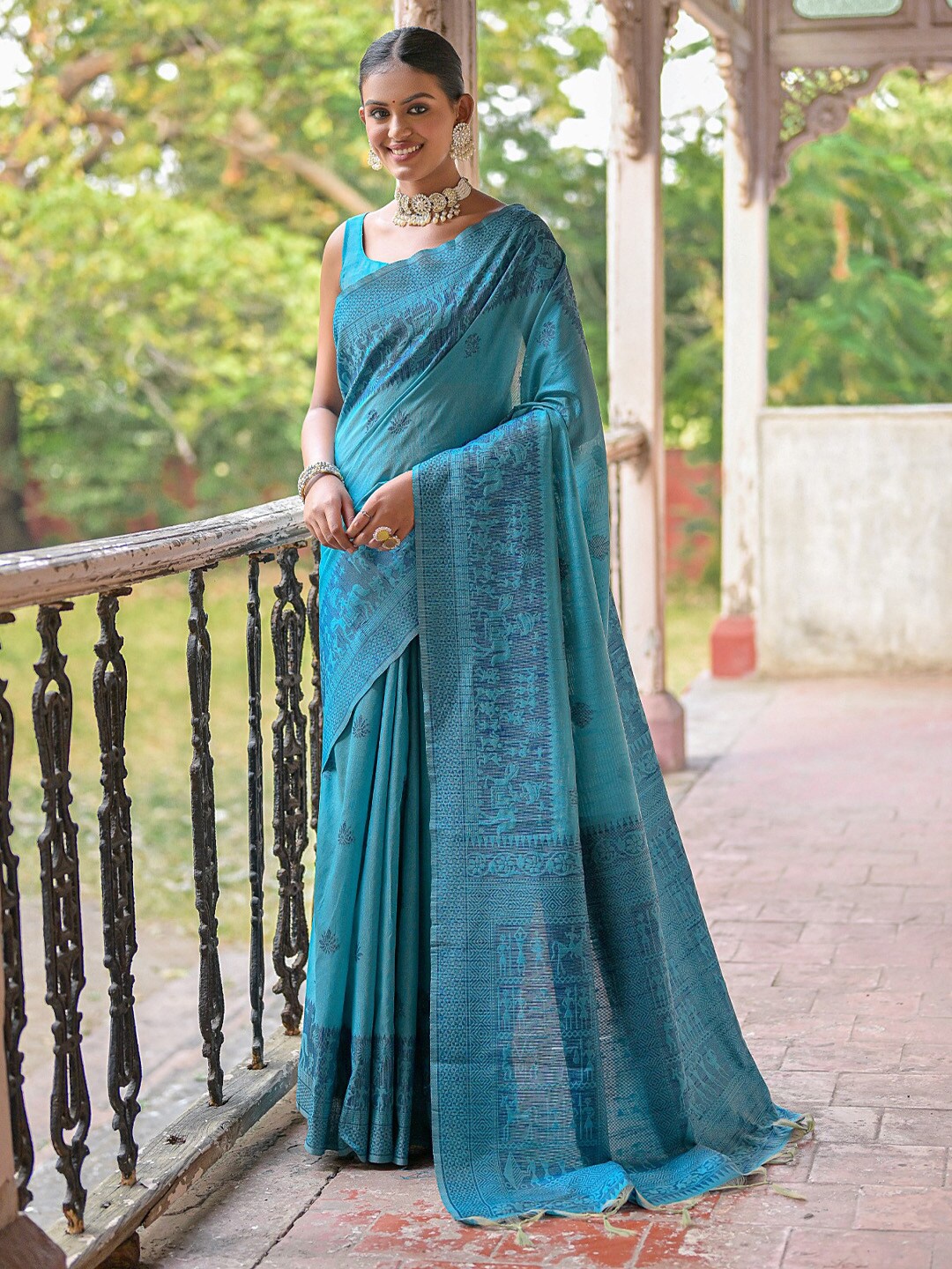 

KARAGIRI Warli Woven Design Saree, Teal