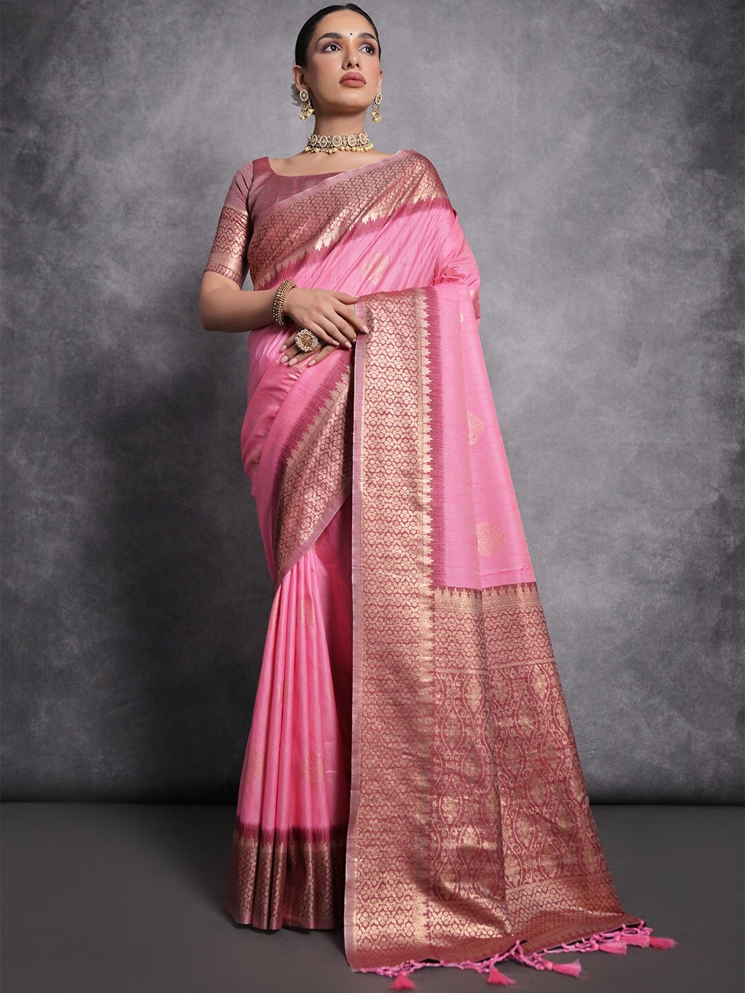 

KARAGIRI Ethnic Motifs Woven Design Zari Tussar Saree, Pink