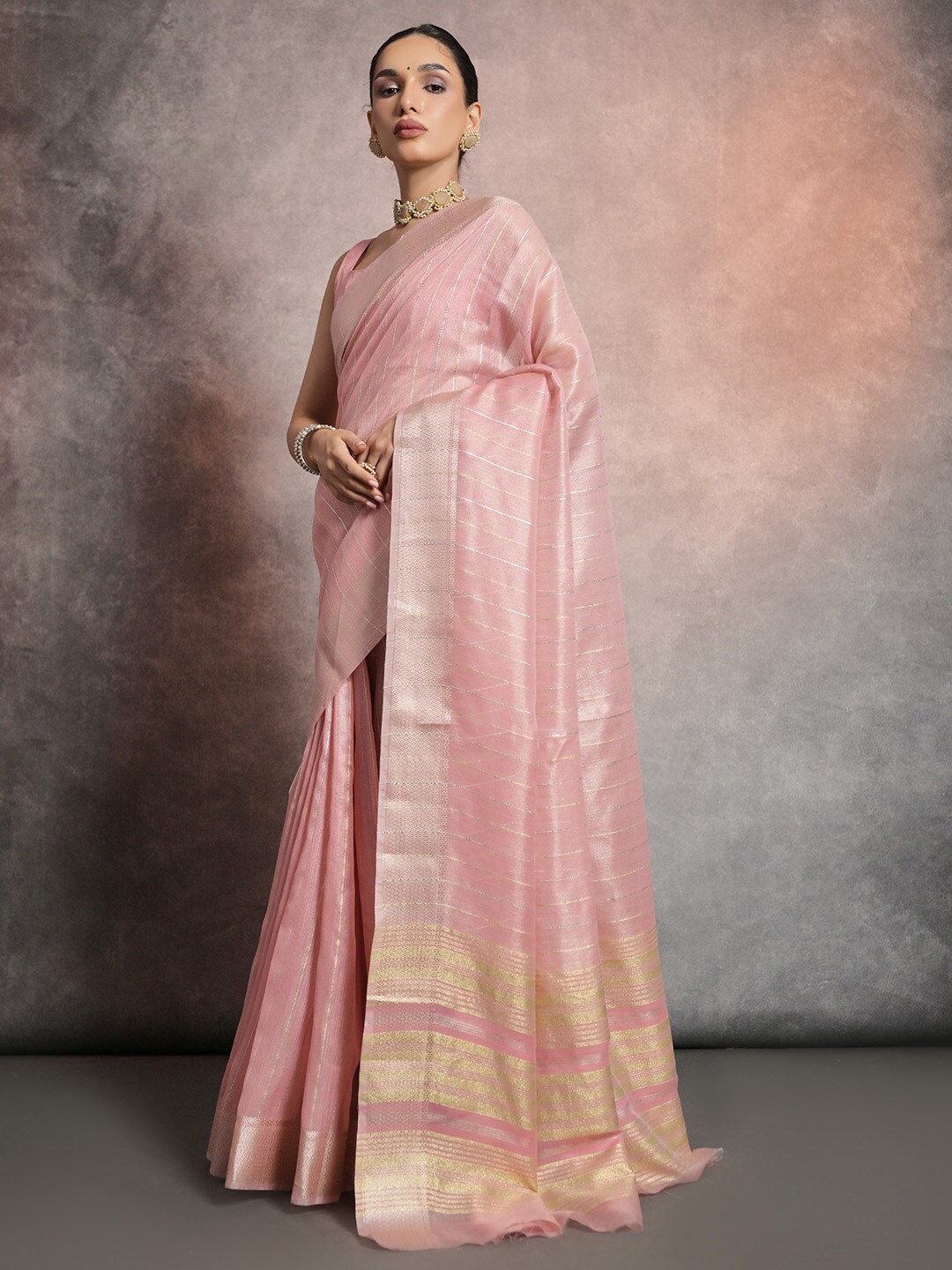 

KARAGIRI Striped Woven Design Zari Tissue Saree, Pink