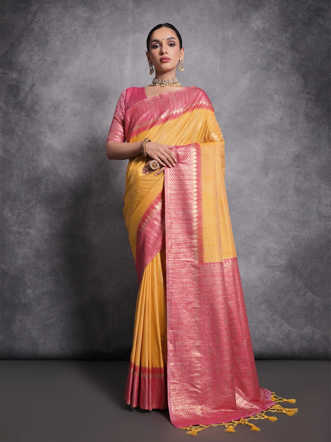 

KARAGIRI Ethnic Motifs Woven Design Zari Tussar Saree, Yellow