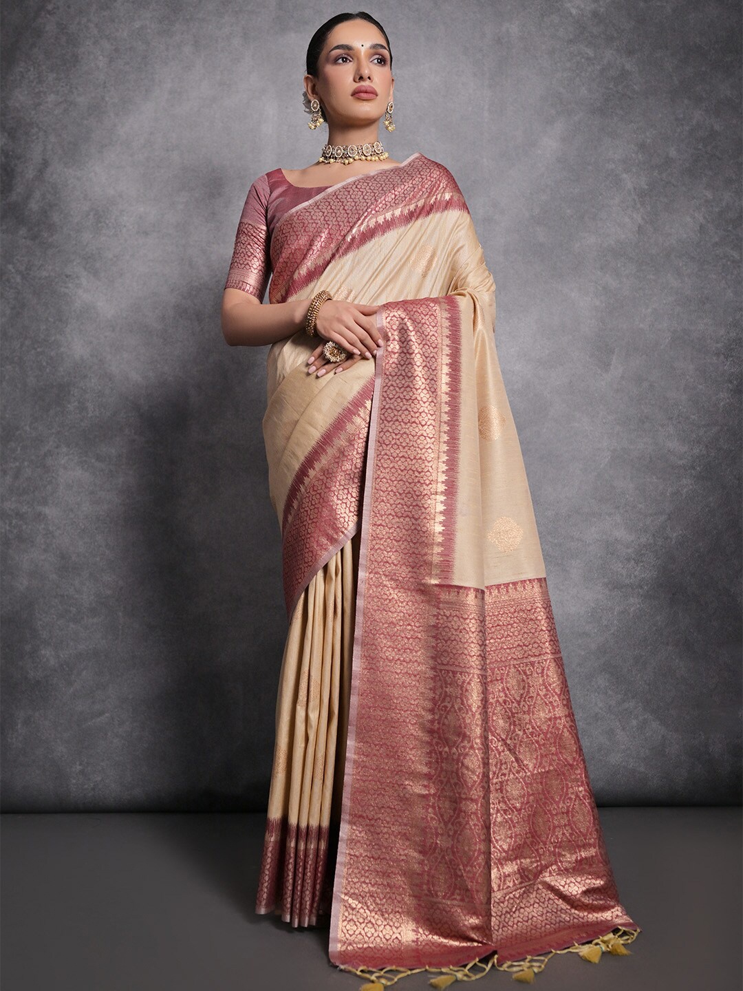

KARAGIRI Ethnic Motifs Woven Design Zari Tussar Saree, Brown