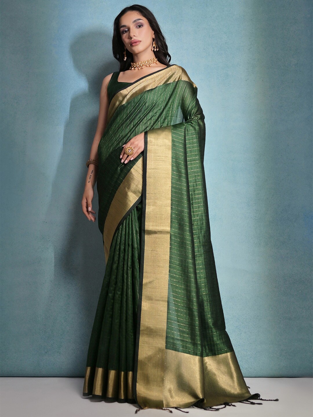 

KARAGIRI Striped Zari Saree, Green