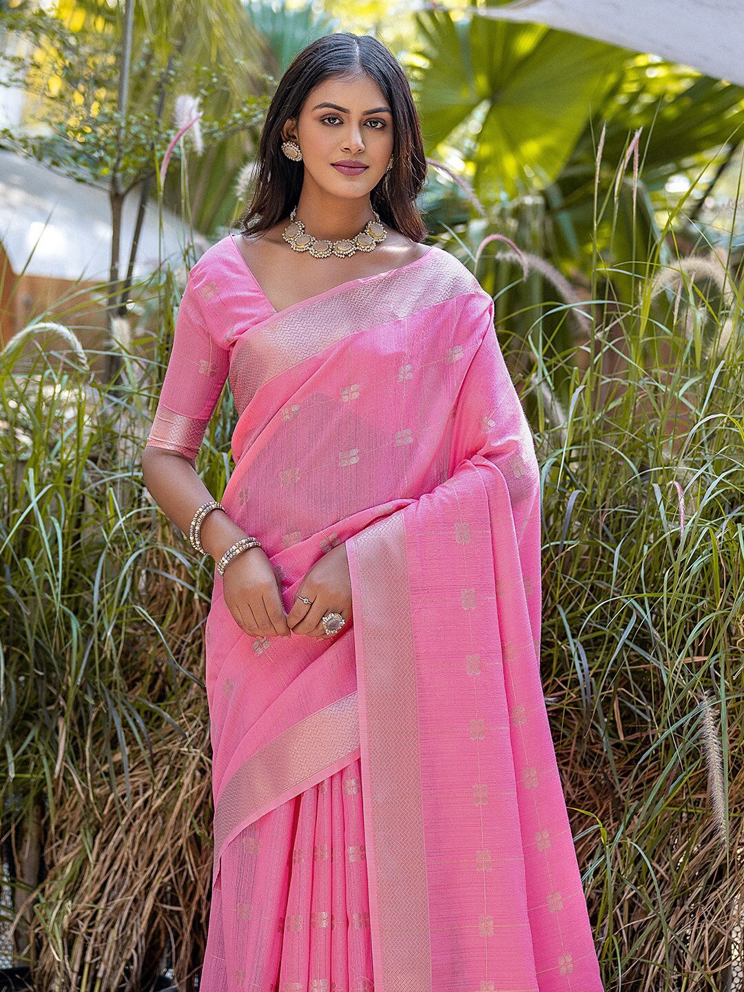 

KARAGIRI Ethnic Motifs Woven Design Zari Pure Cotton Saree, Pink