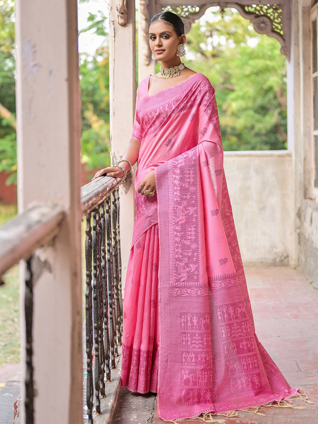 

KARAGIRI Ethnic Motifs Woven Design Saree, Pink
