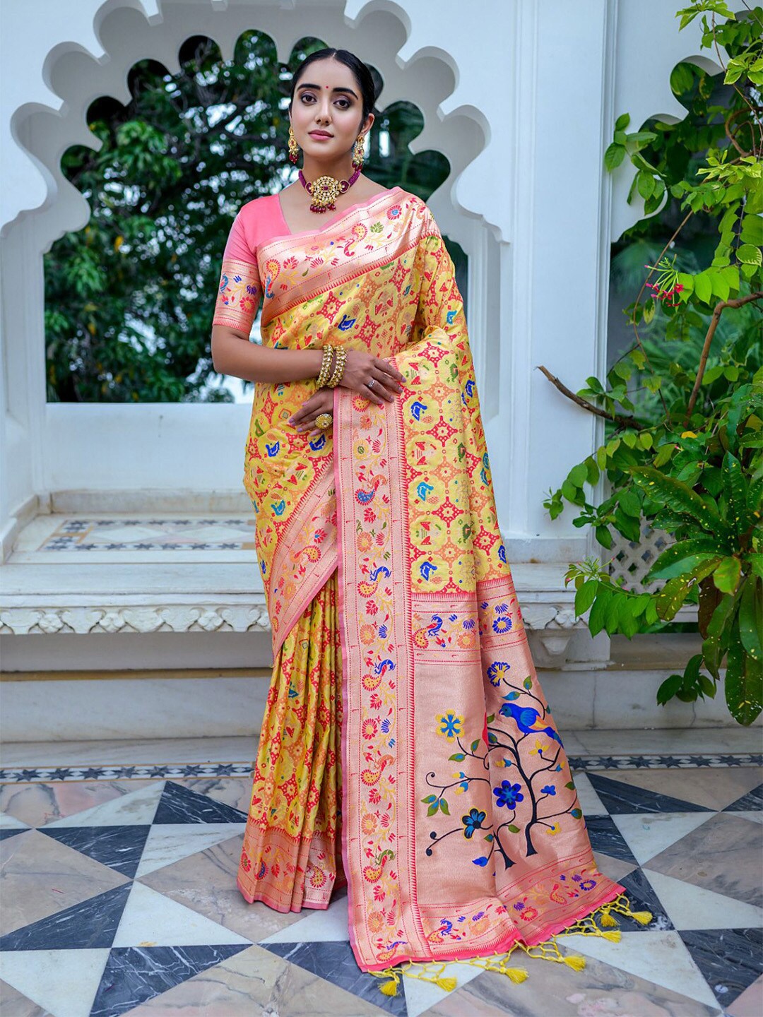 

KARAGIRI Ethnic Motifs Woven Design Zari Paithani Saree, Yellow
